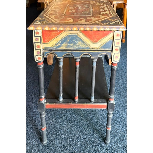 American Rare Folk Art Side Table With Hand Painted Geometric Designs For Sale - Image 3 of 9