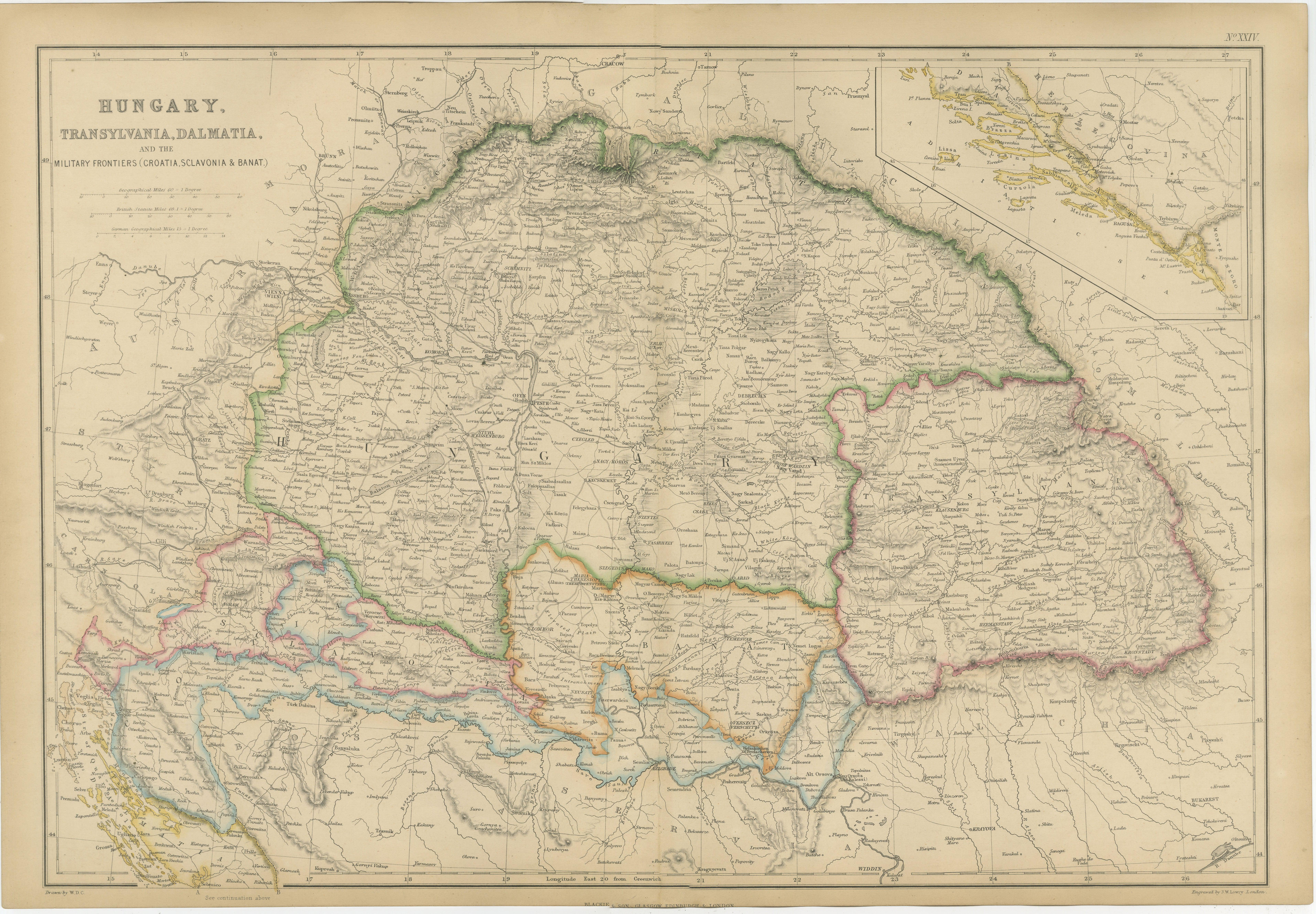 Antique Map of Hungary, Transylvania, Dalmatia and Croatia, 1860s For Sale