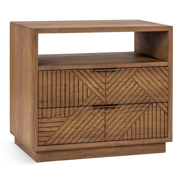 Modern warm oak veneer nightstand with two drawers and open shelving space above. Geometric line design carved on drawers,...