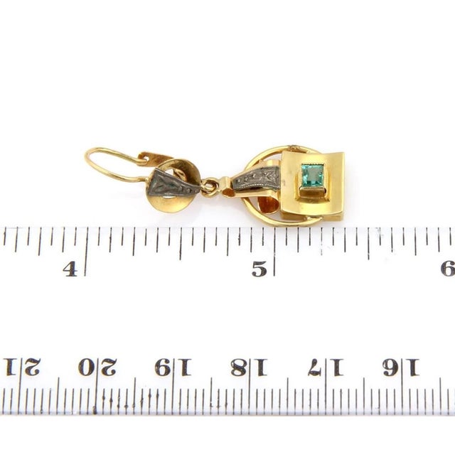 Mid 20th Century Mid 20th Century Emerald 18k Yellow Gold Drop Dangle Earrings Bezel Set Gemstone For Sale - Image 5 of 5