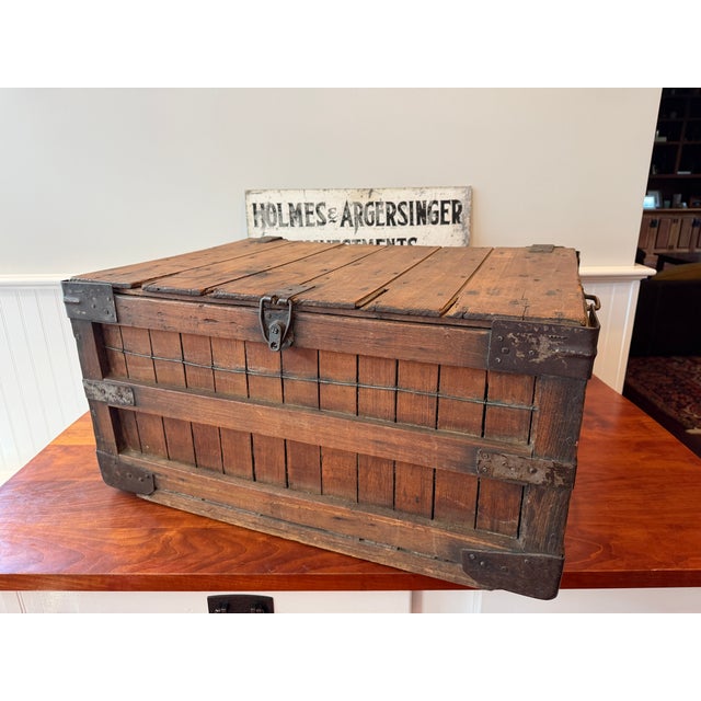 Coffee Antique First National Stores Wooden Shipping Crate With Lid – Wire Reinforced Grocery Transport Basket – Coffee Table Storage Chest For Sale - Image 8 of 18
