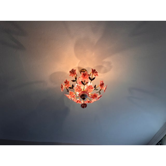 1980s Italian Pink Murano Style Glass Floral Chandelier – Hand-Painted Porcelain & Brass Ceiling Light For Sale - Image 18 of 18