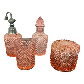 Vintage Pink Pressed Glass Bathroom Vanity Set, 1960s, Set of 4 For Sale