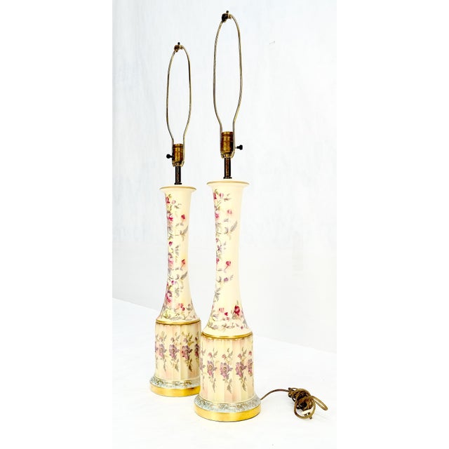 Pair of 39" Tall Ceramic Hand Painted Round Tower Shape Table Lamps w/ Shades For Sale - Image 9 of 13