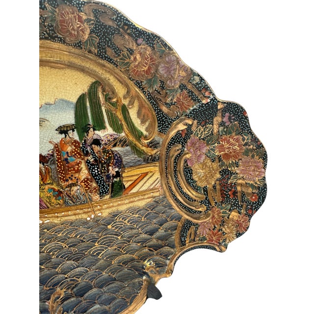 Vintage Satsuma Hand Painted Earthenware Platter With Scalloped Edges For Sale - Image 4 of 12