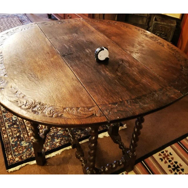 1930s Round Carved Gateleg Table With Barley Twist Legs For Sale - Image 4 of 9