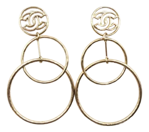 Chanel Gold Cutout Cc 2 Large Ring Drop Piercing Earrings, A Pair
