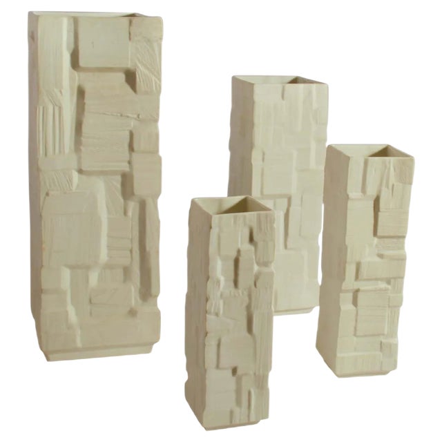 White Square Relief Vases, Set of 4 For Sale