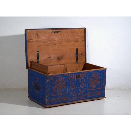 Antique Folk Art Blue Wooden Trunk For Sale - Image 3 of 12