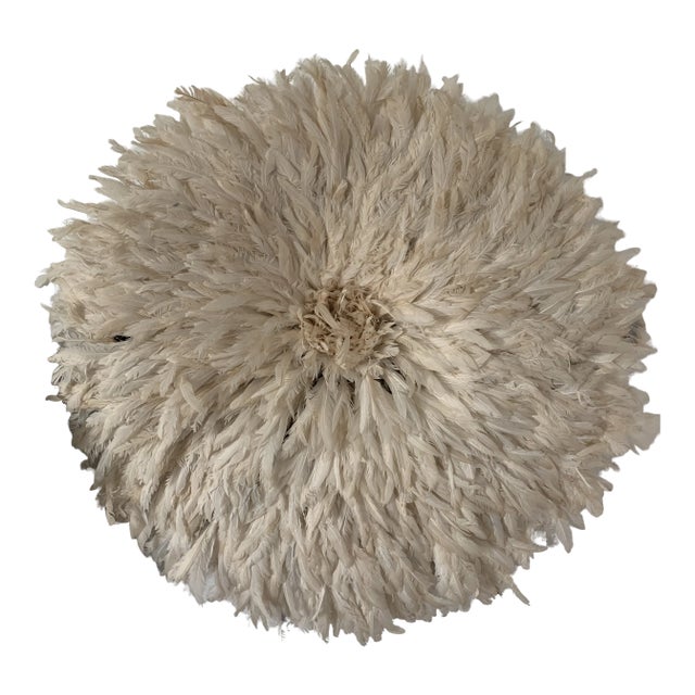 African Juju Feather Headdress, 28 In. Diameter, Off-White For Sale