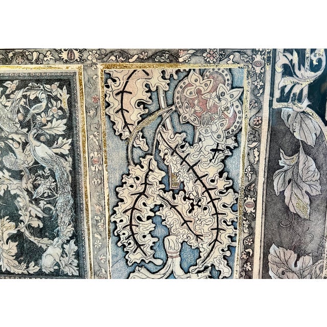 1990s Large Framed Tapestry-Style Art Print With Heraldic & Botanical Motifs - 4.5 Ft. Tall For Sale - Image 4 of 10