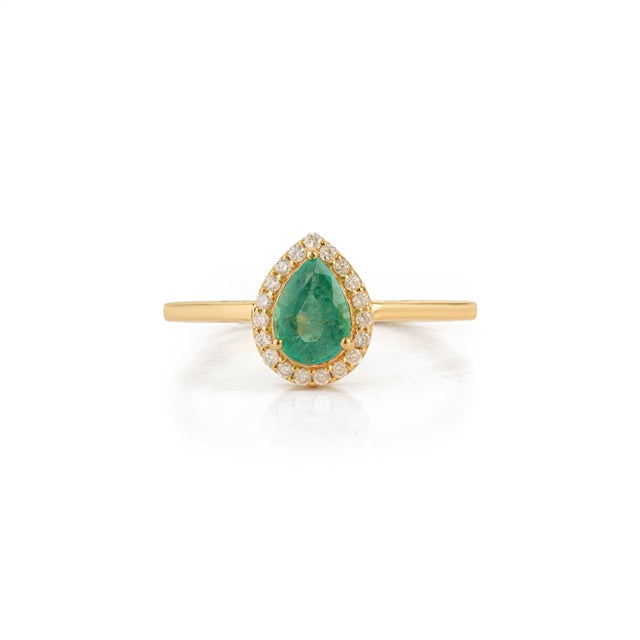 18k Gold Natural Pear Cut Emerald and Diamond Halo Engagement Ring Size 5.5 For Sale - Image 4 of 17