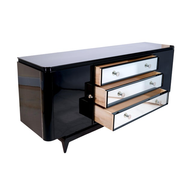 Art Deco Black High-Gloss Lacquered Sideboard with Mirrored Drawers, 1930s For Sale - Image 3 of 9
