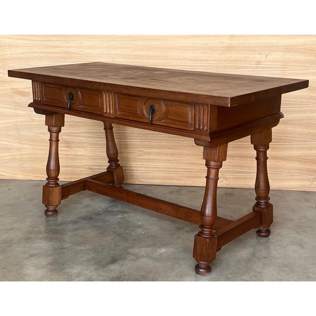 Early 20th Century Pair of Early 20th Spanish Light Walnut Country Farm Desk with Two Drawers For Sale - Image 5 of 18