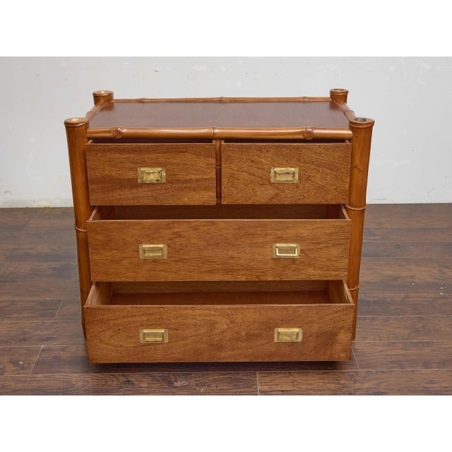 Campaign Midcentury Bamboo and Mahogany Chest of Drawers With Campaign-Style Brass Pulls For Sale - Image 3 of 12