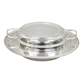 Vintage English Regency Style Round Covered Silver Plated Serving Dish W/Divider For Sale