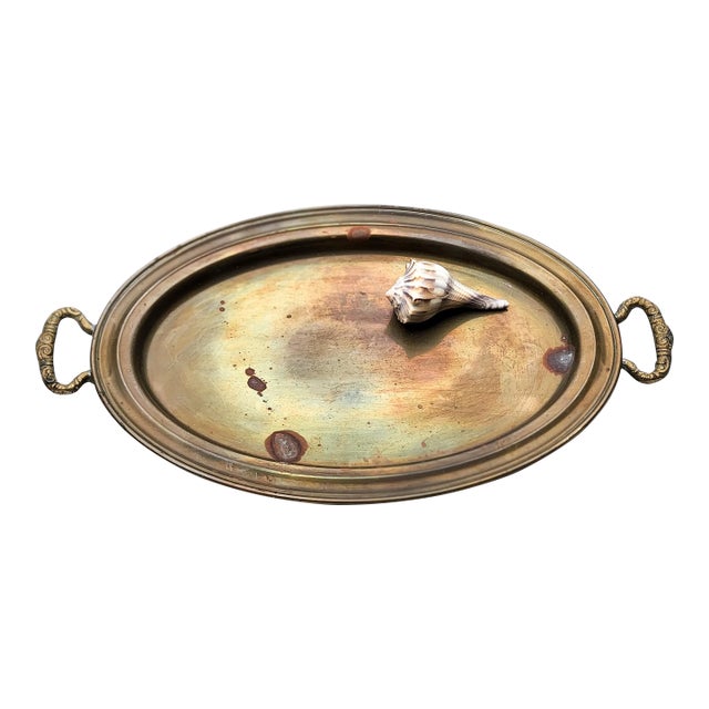 Antique Solid Brass Tray With Ornate Handles For Sale