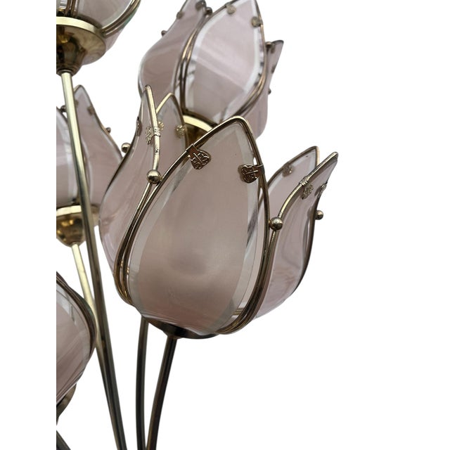Pair of Italian Mid Century Glass and Brass Lotus Flower Table Lamps For Sale - Image 9 of 12