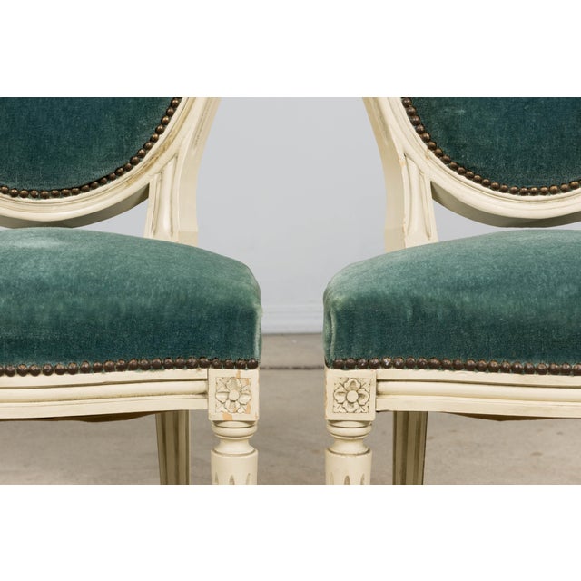 Teal Antique French Louis XVI Style Painted Dining Chairs in Teal Mohair - Set of 8 For Sale - Image 8 of 18