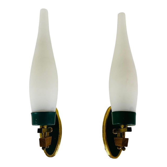 Midcentury Brass and Opaline Glass Wall Lamps, Italy, 1960s - A Pair For Sale