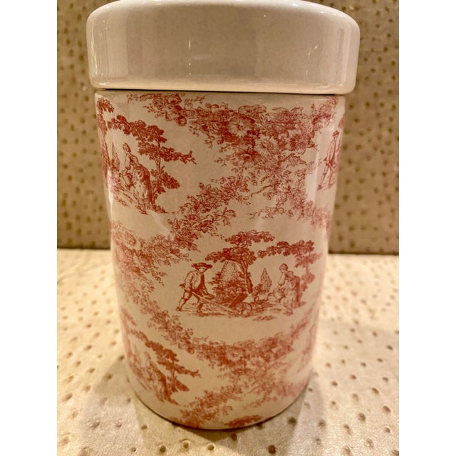 Vintage Labrazel 3 Piece Toile Bath Set in Red Toile, Made in Italy, Includes Cup, Soap Dispenser and Cotton Jar For Sale - Image 4 of 9