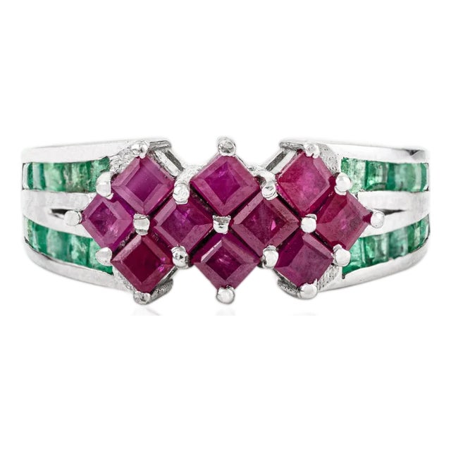 Artisan Genuine Ruby & Emerald Women's Band Ring in 925 Sterling Silver- Size 8 For Sale