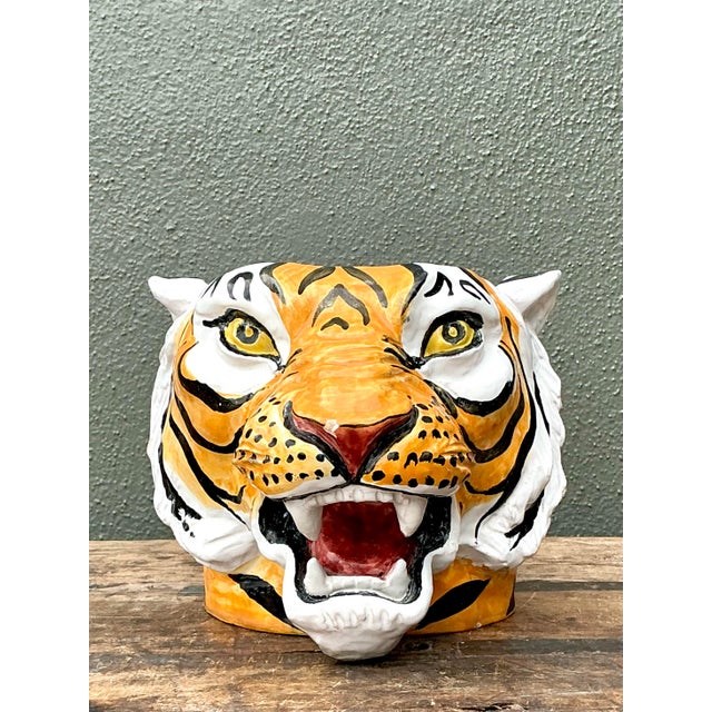 Orange Vintage Italian Hand Painted Tiger Cache Pot For Sale - Image 8 of 12