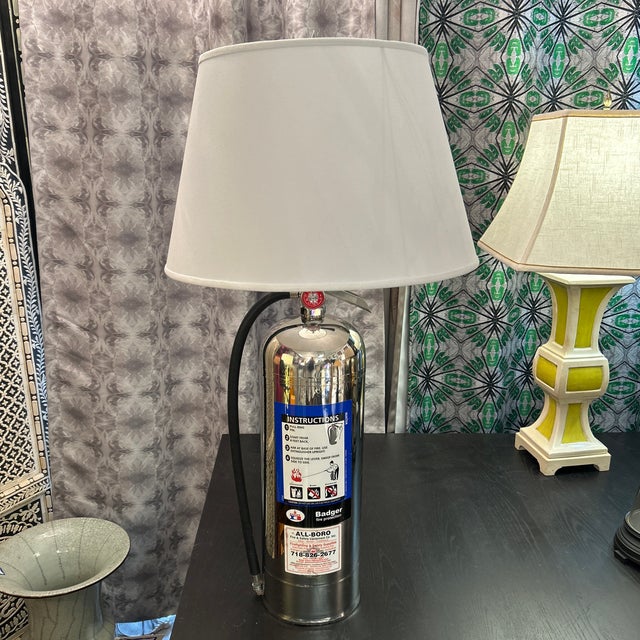 Chrome Repurposed Fire Extinguisher Lamp With Custom White Flare Shade For Sale In Miami - Image 6 of 8