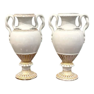 19th Century Meissen Gold & White Neoclassical Serpent Handled Vases - A Pair