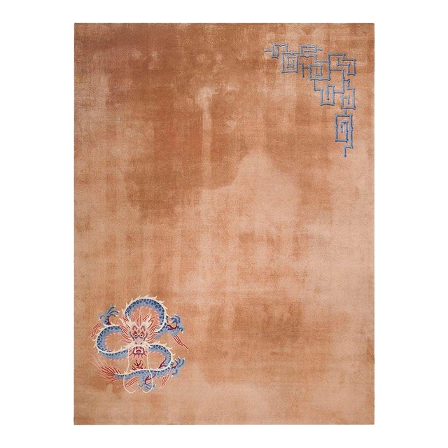 1920s Tan Sand Minimalist Dragon Antitque Chinese Art Deco Rug 9'x 12' Handknotted Wool Carpet For Sale