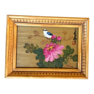 1970’s Asian Style Bird Perched on Flowering Branch Painting on Bamboo For Sale