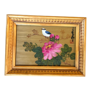 1970’s Asian Style Bird Perched on Flowering Branch Painting on Bamboo