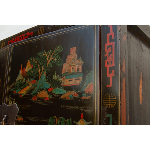 Black Antique Chinese Black Lacquer Armoire W/Painted Landscape For Sale - Image 8 of 12