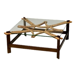 Isa, Italian Mid-Century Modern, Square Coffee Table, Wood, Bamboo, Cane, 1980s