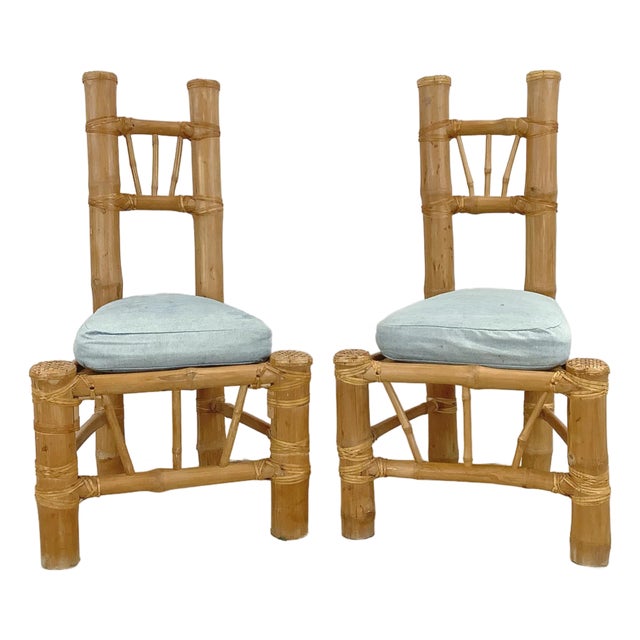 Pair Vintage Boho Modern Bamboo Side Chairs For Sale