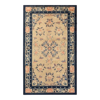1890s Tan Beige Medallion Antique Chinese Ningxia Rug 4'4" X 7' Handknotted Wool Carpet For Sale