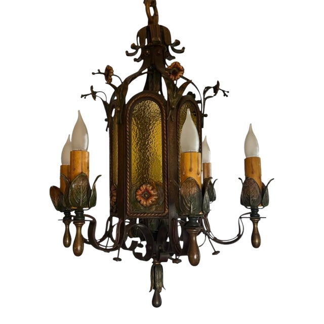 Early 1900’s Original Polychrome Painted Chandelier With Flowers and Amber Glass For Sale