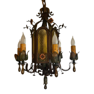 Early 1900’s Original Polychrome Painted Chandelier With Flowers and Amber Glass