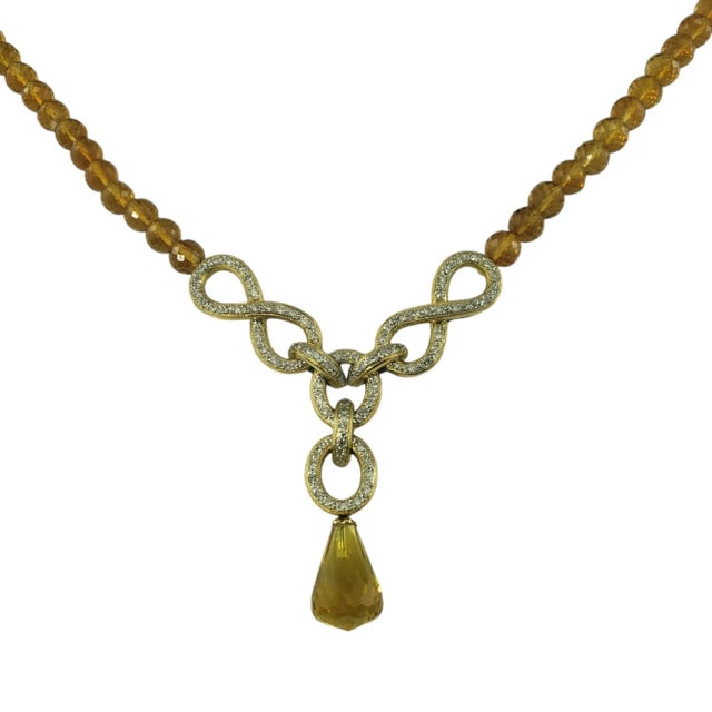 Contemporary Mid 20th Century 18 Karat Yellow Gold Citrine and Diamond Drop "Y" Necklace For Sale - Image 3 of 9