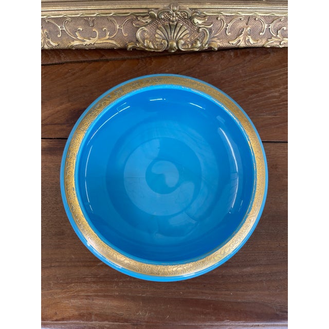Blue Mid 19th Century French Blue Opaline Glass Bowl With Intricate Gilded Fruit and Vine Border For Sale - Image 8 of 9