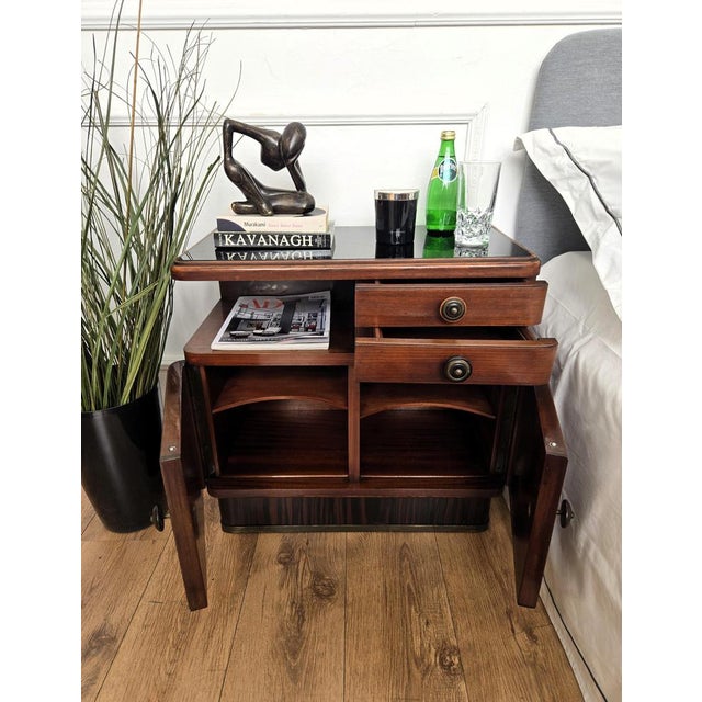 Art Deco Italian Nightstands in Wood and Black Glass Top, 1940s, Set of 2 For Sale - Image 4 of 11