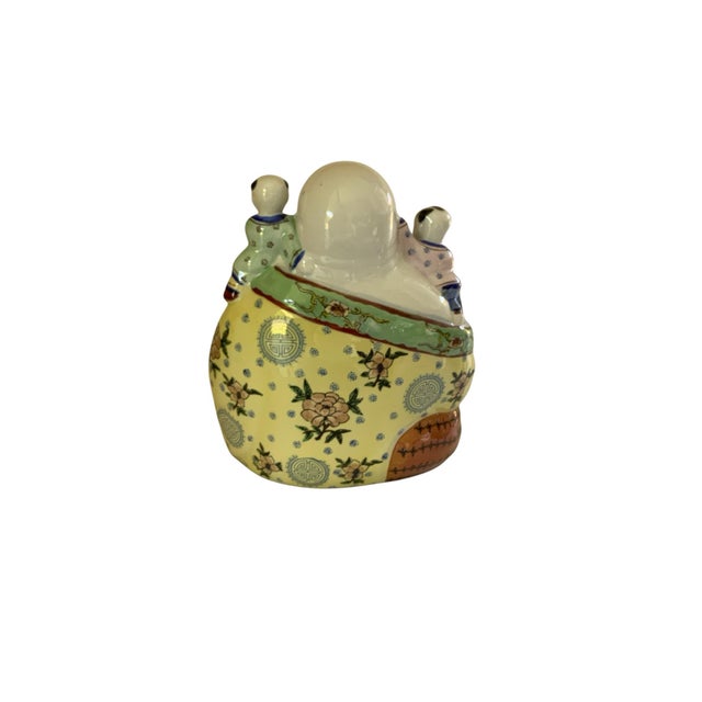 Ceramic Large Vintage Chinese Famille Rose Porcelain 11.25" Laughing Buddha 5 Children Statue China 1960s-1980s For Sale - Image 7 of 8