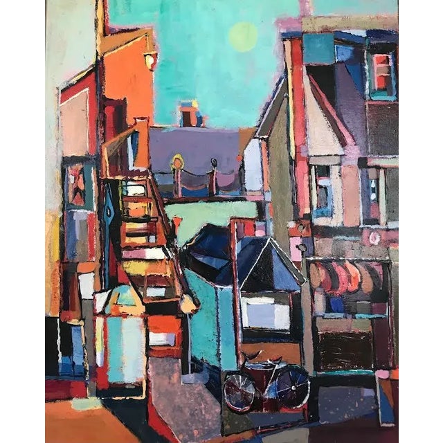 Vintage mid century modern oil painting abstract cubist cityscape of a beach town by Robert Kaupelis Oil on masonite panel...