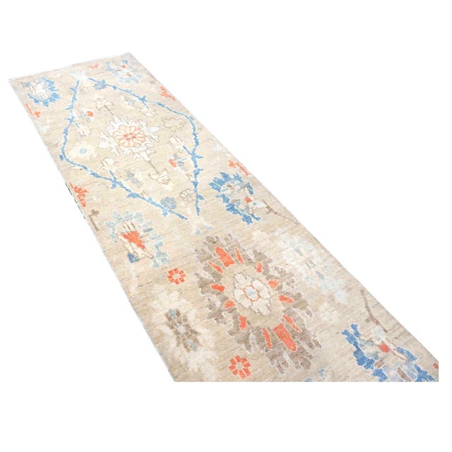21st Century Turkish Oushak Wool 3x12 Beige & Blue Handmade Runner Rug #1144198 For Sale - Image 9 of 12