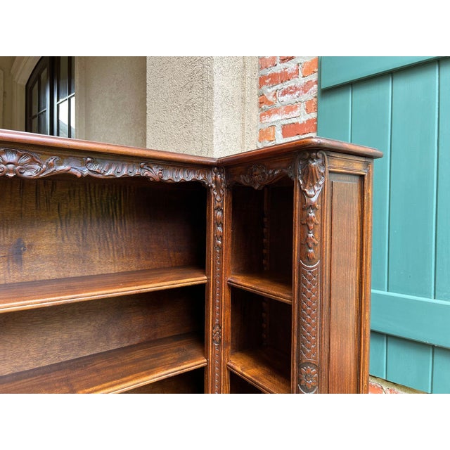 Antique French Corner Bookcase Carved Oak Louis XV Revival Open Shelves C1920 B For Sale - Image 16 of 18