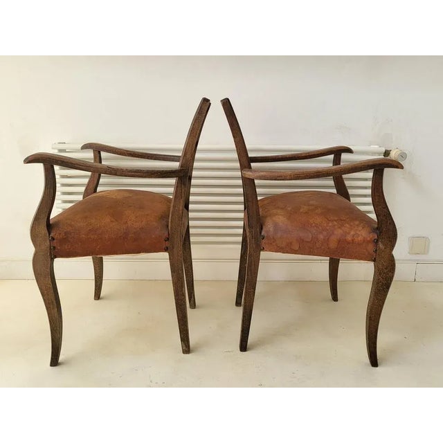 Set of Vintage French Chairs in Leather and Oak, 1950 For Sale - Image 4 of 13
