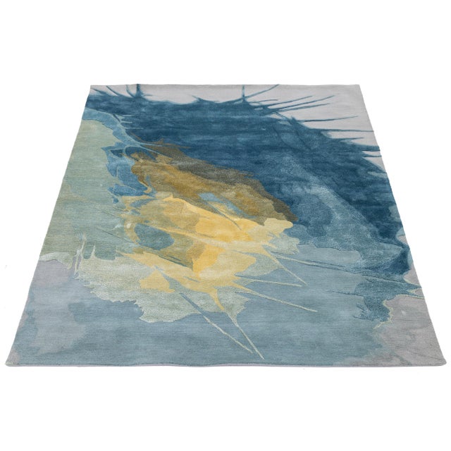 Abstract Abstract Cosmic Splash Modern Hand-Tufted Wool Area Rug – Blue, Gold, & Grey For Sale - Image 3 of 10
