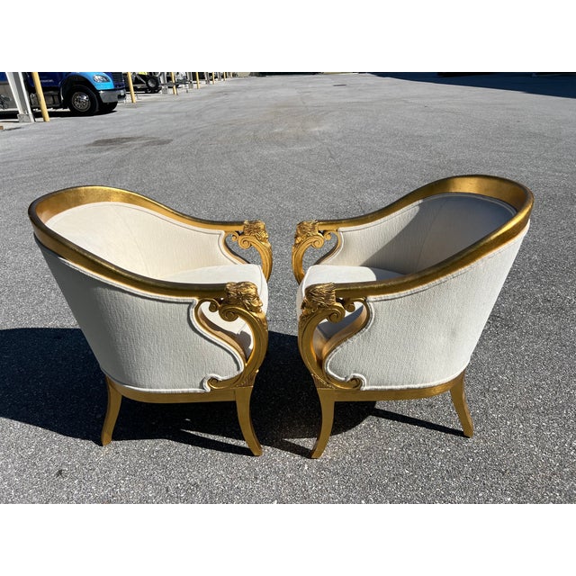 1950s Companion Pair Louis XVI Style Gold Gilt Upholstered Arm Chairs For Sale - Image 9 of 17