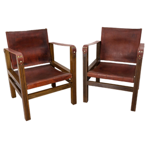 Set of French Safari Style Chairs in Leather and Beech, 1940
