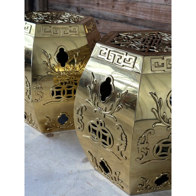 Pair Vintage Pierced Brass Chinese Garden Stools With Removable Cushions For Sale In Naples, FL - Image 6 of 11